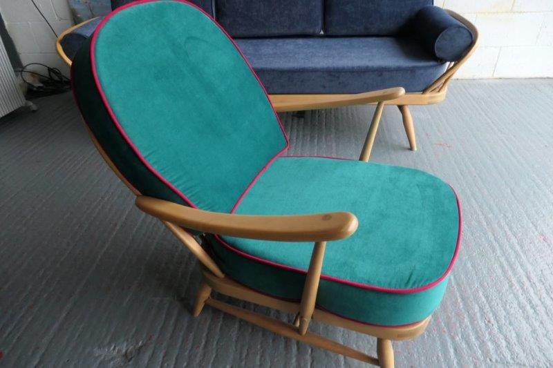 Ercol 203 Seat and Back Cushion in Ross Fabrics Aquavelvet Teal with Notting Hill Salsa contast piping