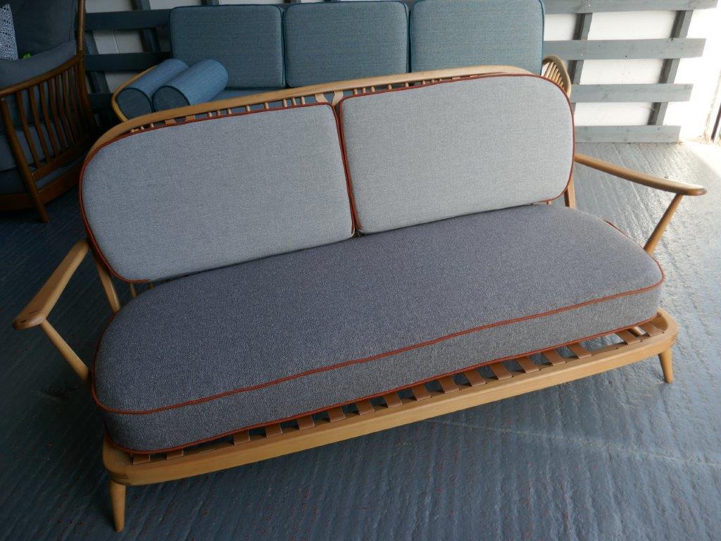 Ercol 334 3 Seater Seat & Back Cushions Eccleshill Grey Mattress + Light grey Backs Grey with piping