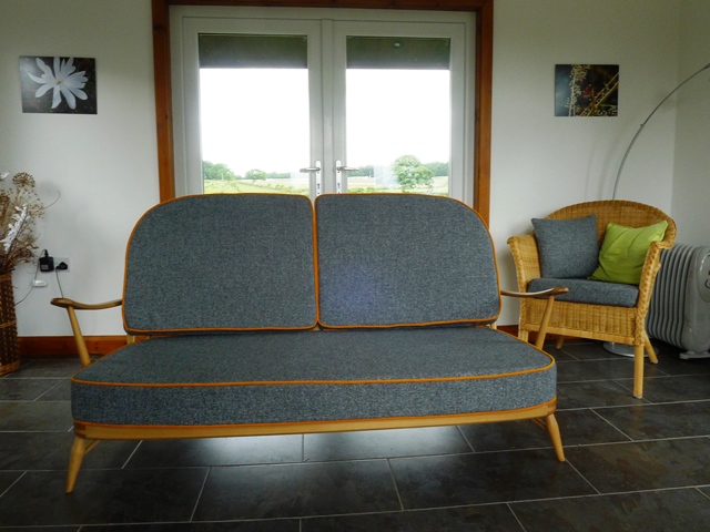 Ercol 203 3 Seater Mattress and Back Cushions in Mid Grey with Jaffa Orange Piping