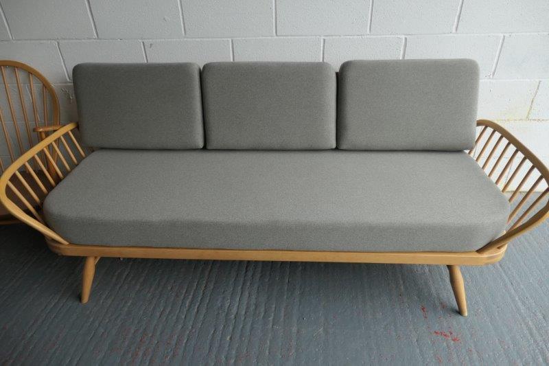 Ercol 355 Studio Couch in Edenfield Grey. Soft wool feel