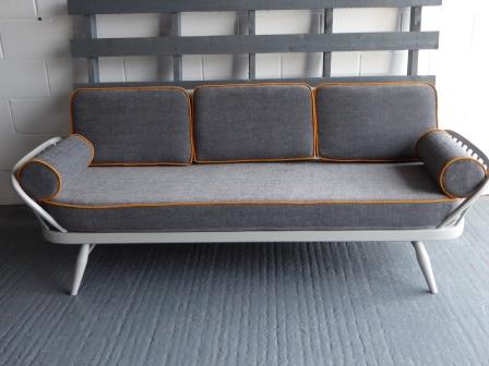 Ercol 355 Studio Couch Grey with Jaffa Orange piping  Complete set of Cushions and Covers with bolsters