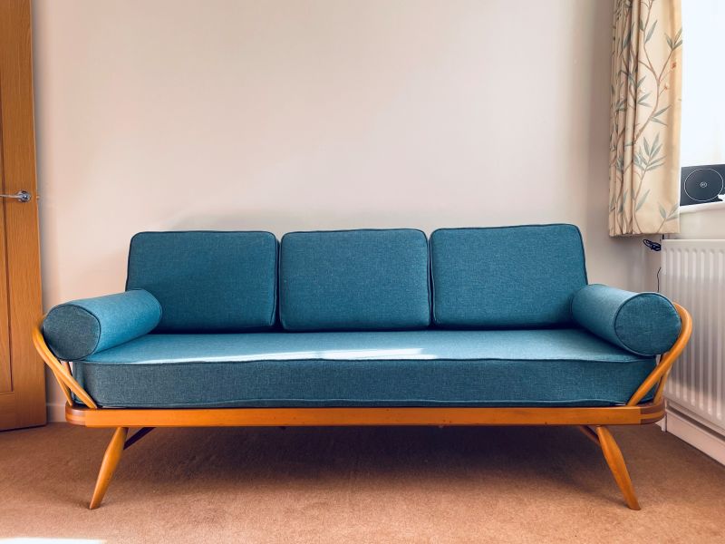 Ercol 355 Studio Couch Turkis Teal Complete set of Cushions and Covers & Bolsters with plain piping 