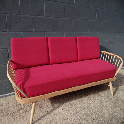Ercol 355 Studio Couch Cerise Red, Complete set of cushions and covers.