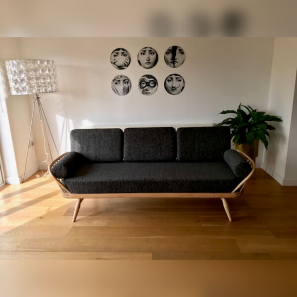 Ercol 355 Studio Couch Luscious Grey velour Complete set of Cushions including free bolsters