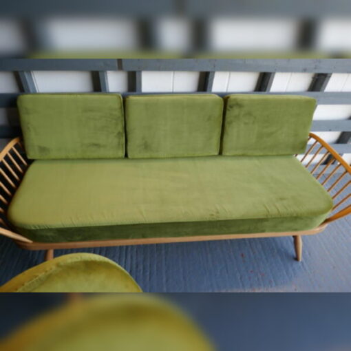Ercol 355 Studio Couch Bay Leaf Green Velvet Complete set of Cushions and Covers - Image 2