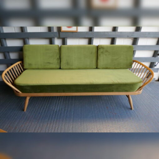 Ercol 355 Studio Couch Bay Leaf Green Velvet Complete set of Cushions and Covers - Image 3