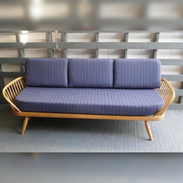 Ercol 355 Studio Couch Blue Grey bold stripes 92% wool