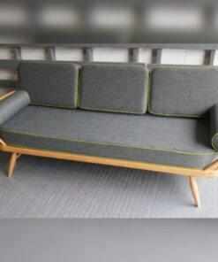 Ercol 355 Studio Couch Oakenclough Steel Grey Herringbone set of Cushions with lime green piping