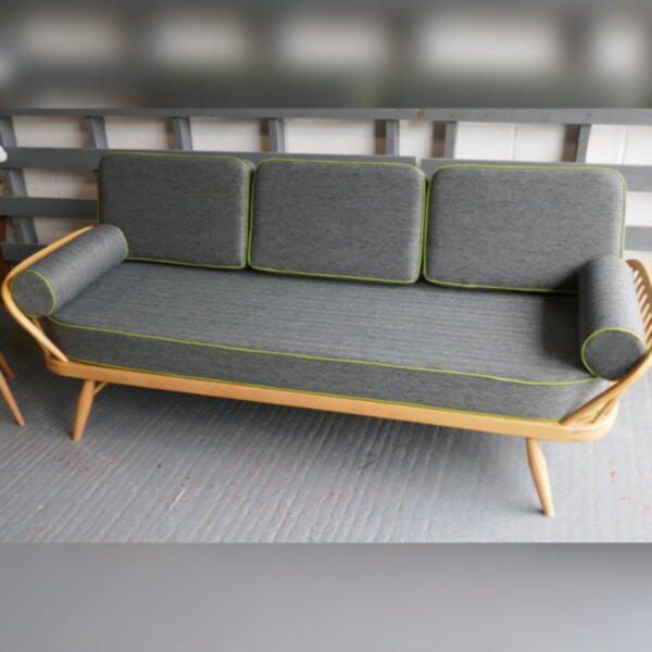 Ercol 355 Studio Couch Oakenclough Steel Grey Herringbone set of Cushions with lime green piping