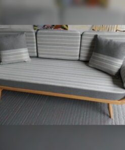 Ercol 355 Studio Couch in  Herringbone Grey Stripe. With bolsters & scatters.