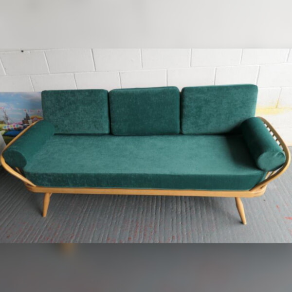 Ercol 355 Studio Couch in Ross Fabrics Pimlico Petrol with bolsters