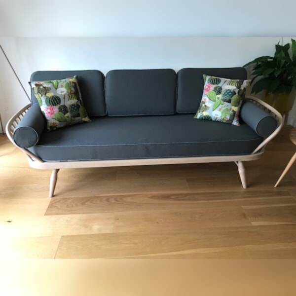Ercol 355 Studio Couch Grey 92% Wool with piping in light grey - Image 10