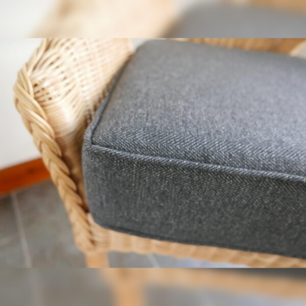 New Charcoal Herringbone Fabric on cane chair